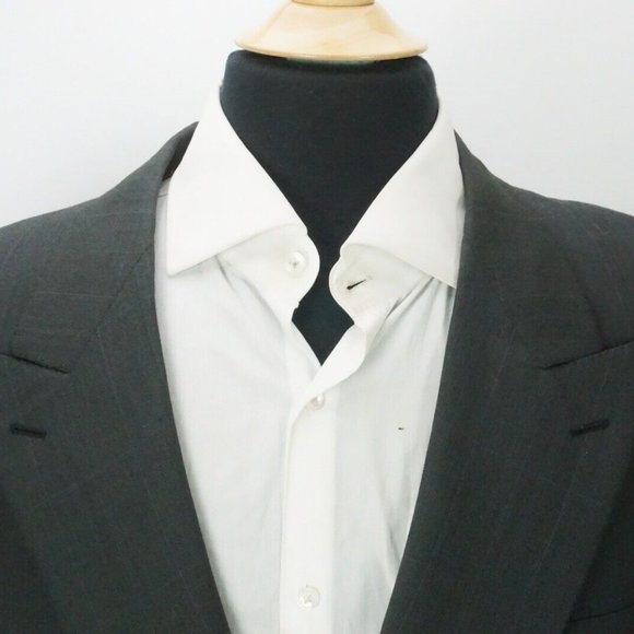 Brioni Double Breasted Dark Gray Blue Windowpane Plaid Wool Sport Coat Jacket 44